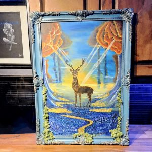stag framed with 3D moss, acrylic on canvas