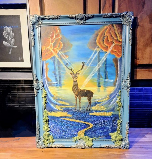 stag framed with 3D moss, acrylic on canvas