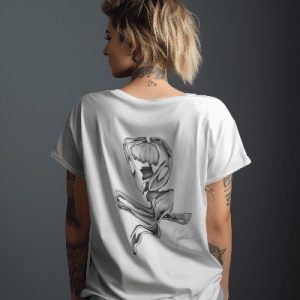 back view of a white female in white t-shirt merchandise in front of grey screen looking left